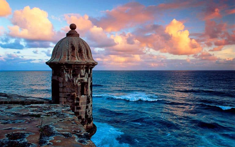 Golden sunset over Old San Juan and the Caribbean Sea